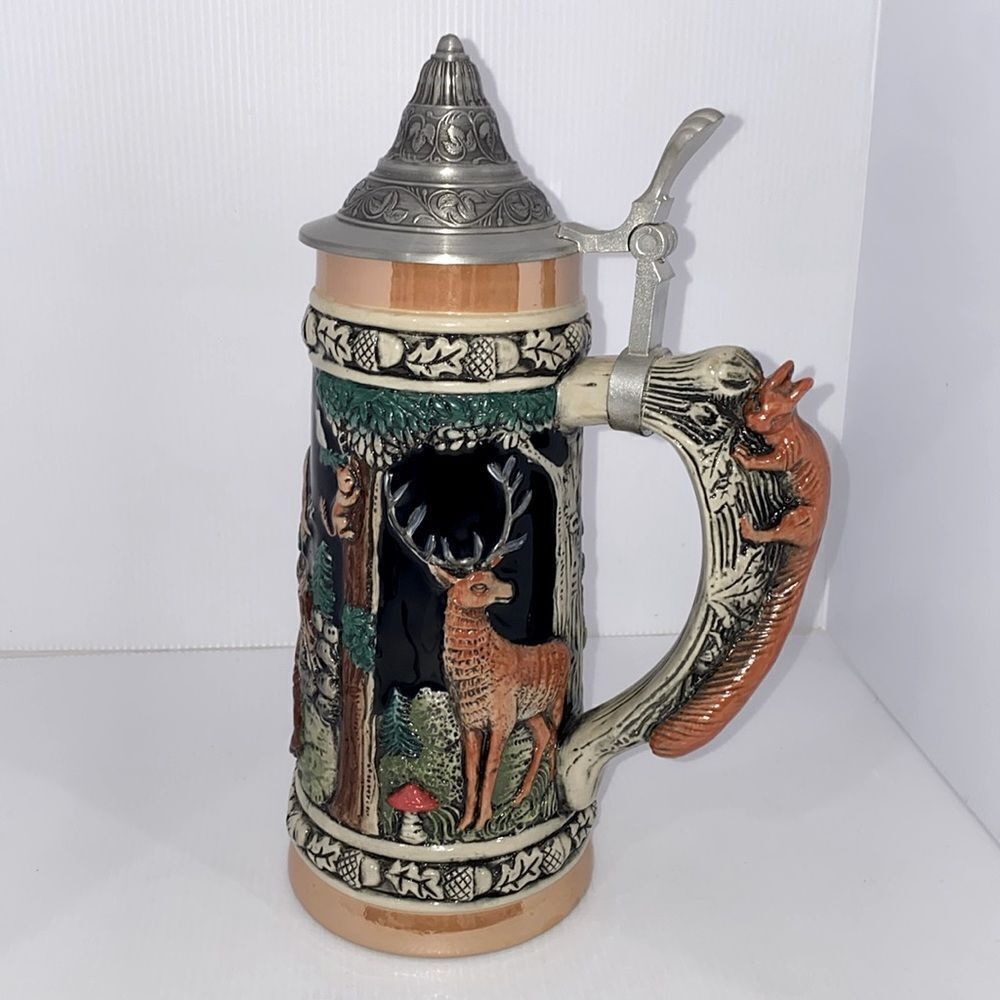 Handarbeit Hunter’s Catch R. Bay Painted Lidded German Beer Stein Fox Handle